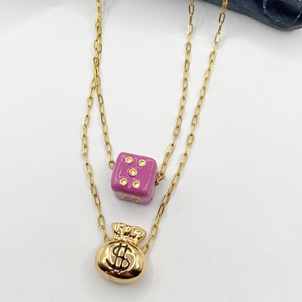 NEW Gold Money Bag & Pink Dice Layered Necklace - Picture 3 of 12